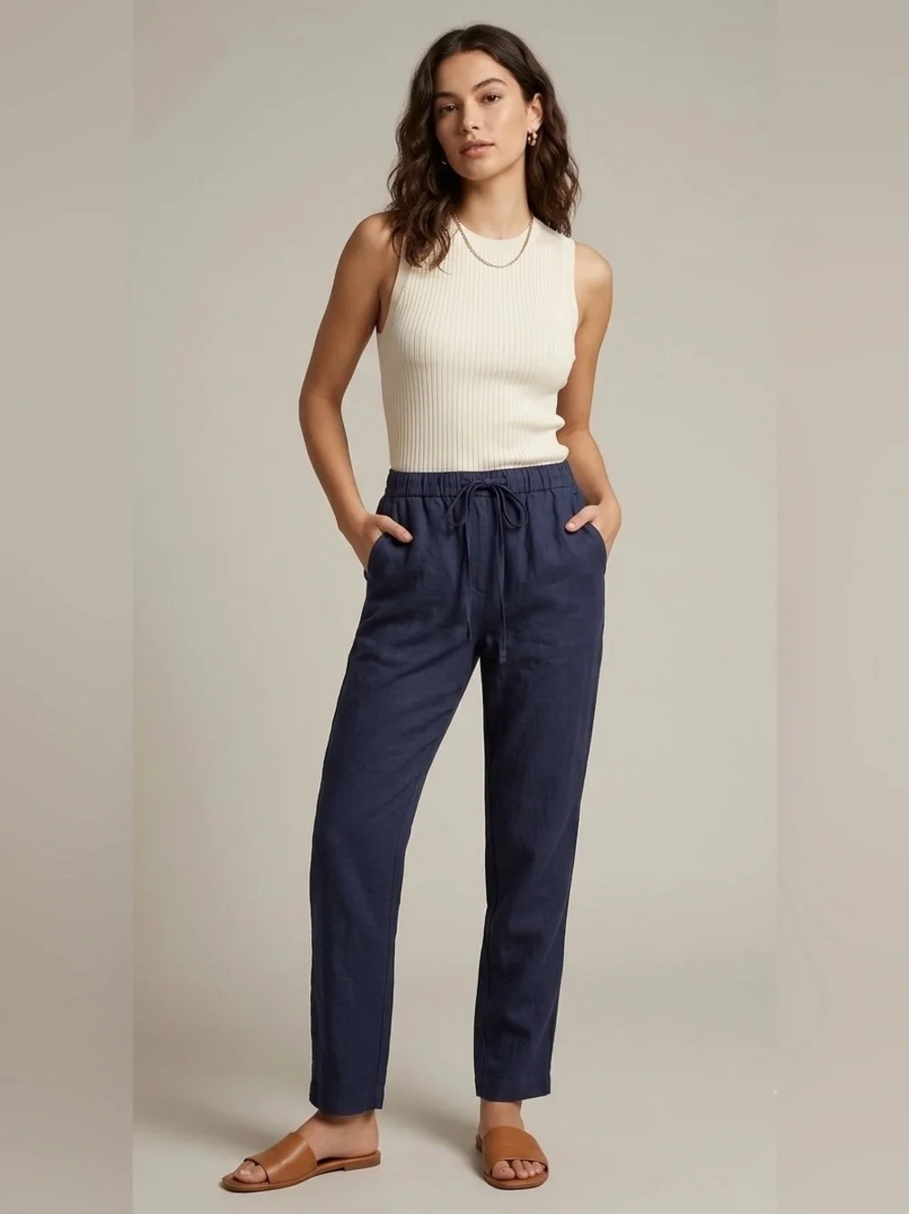 Aritzia Babaton Linen Blend Navy Blue Pull On Drawstring Trouser Pants